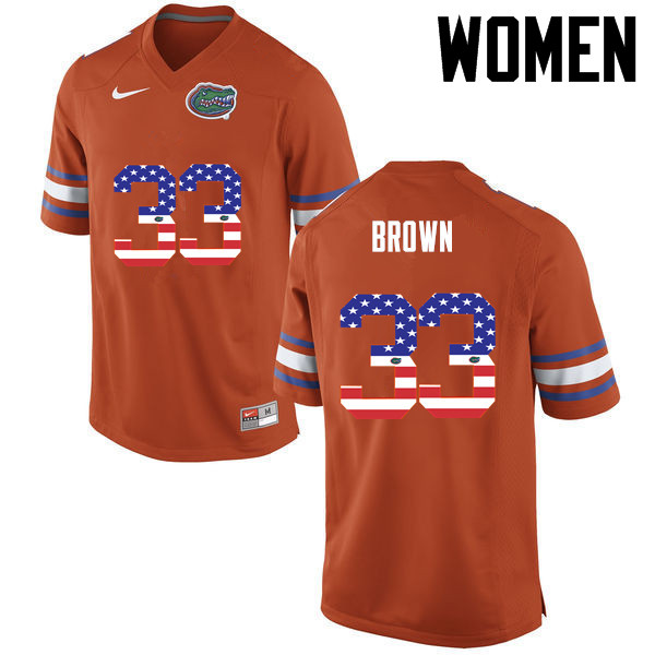 Women Florida Gators #33 Mack Brown College Football USA Flag Fashion Jerseys-Orange - Click Image to Close